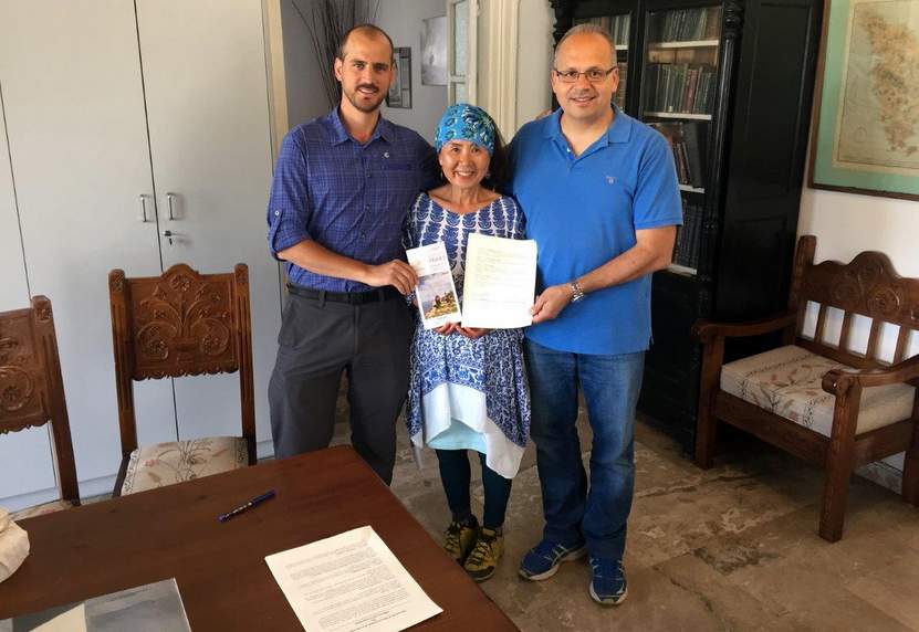 The Mayor of Sifnos Mr Andreas Babounis, Mrs Suh Myong Sook (Jeju Olle Trail) and Mr. Fivos Tsaravopoulos (Path of Greece) after signing the agreement for the Sifnos Trails - Jeju Olle Friendship Trail
