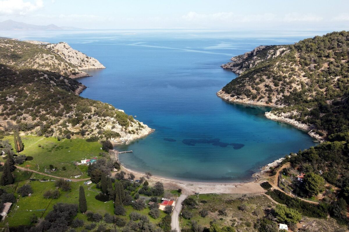 Drone view of Vayonia bay on Poros island
