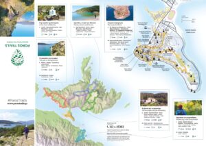 The front side of the Poros Trails map leaflet with information about each trail
