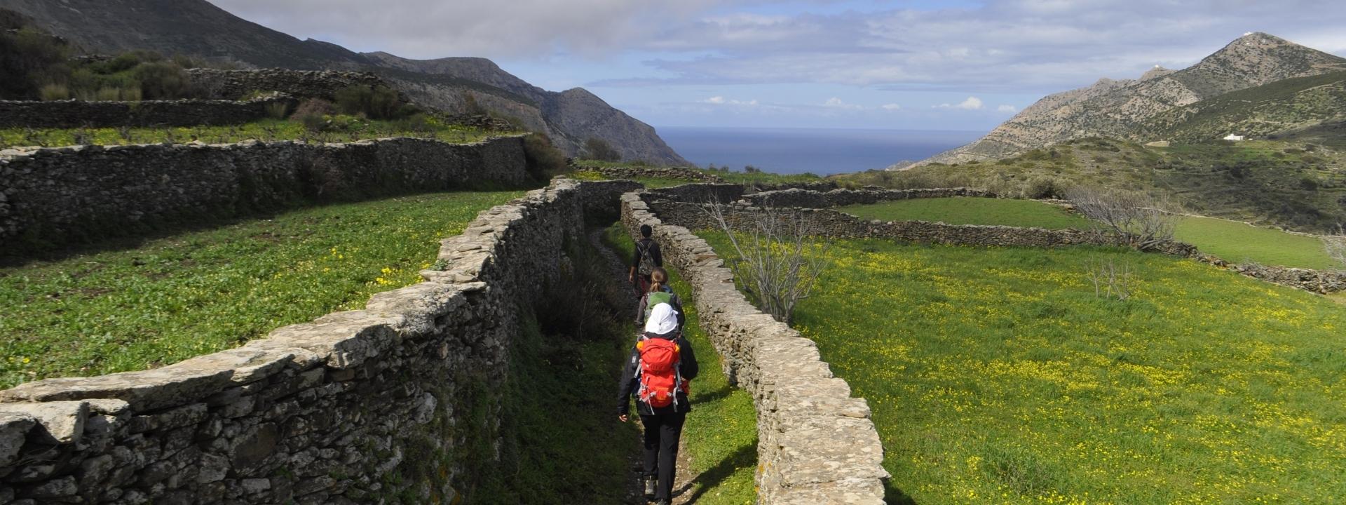Hikers on a trail on Sifnos island, Greece