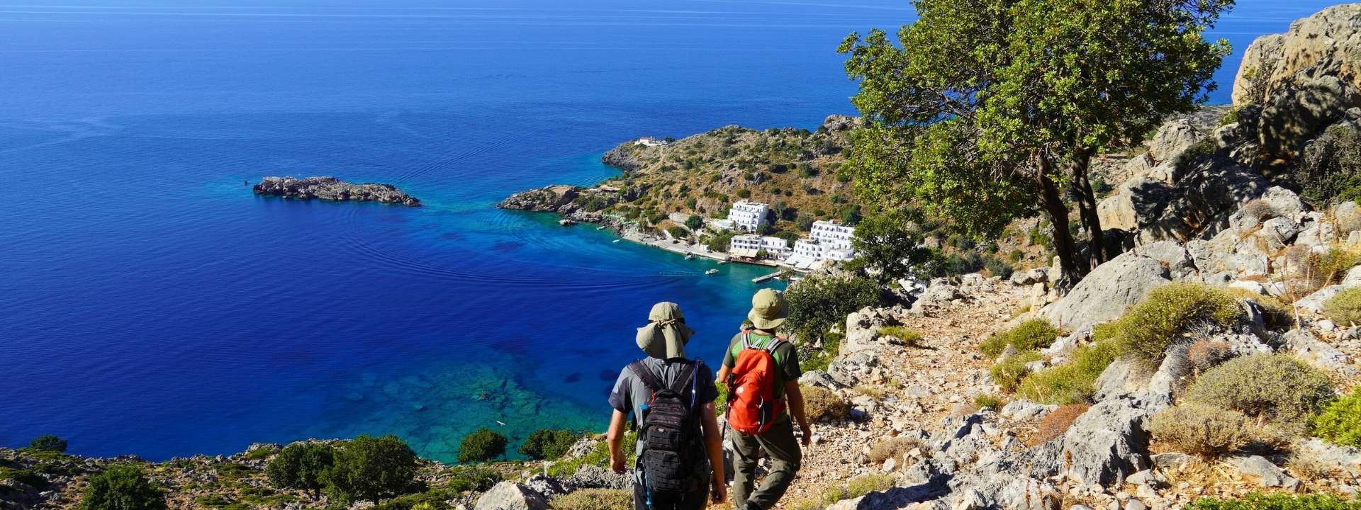 Paths of Greece hikers scouting for trails in Loutro, Sfakia, Crete, Greece