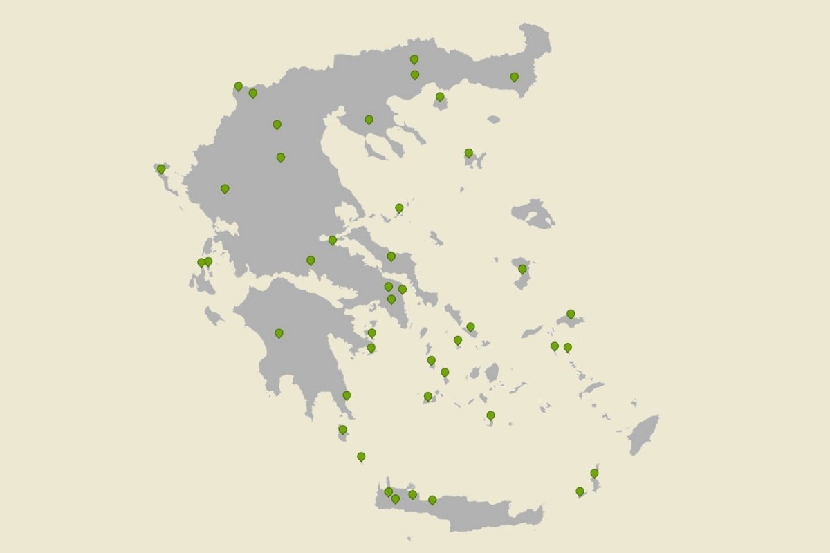 A map of Greece pointing the places that Paths of Greece has worked on