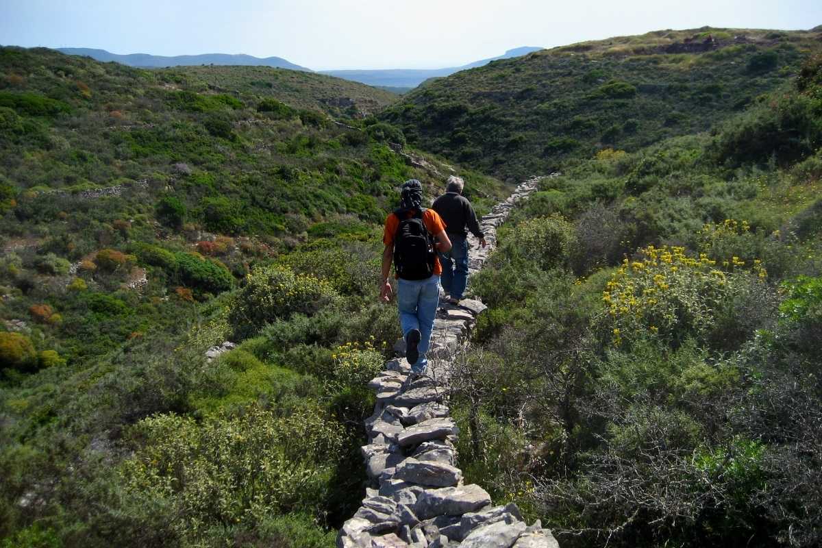 Two people walking on a stone wall over an overgrown trail on Kythera