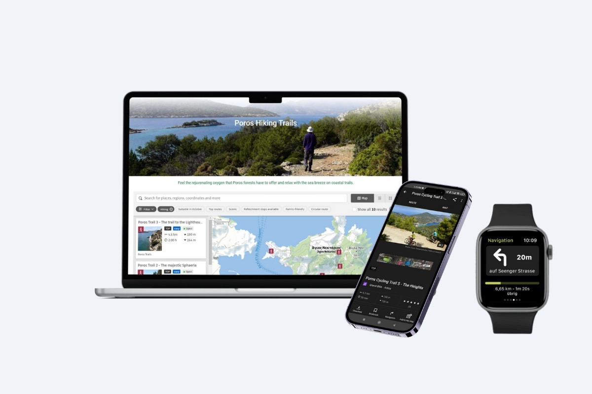 A laptop, phone and smart watch mockup with hiking content from Outdooractive