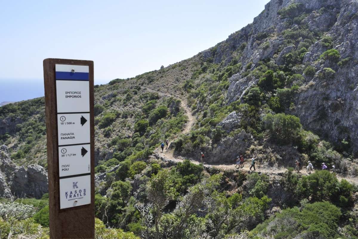 A directional sign with a Kythera trail at the background