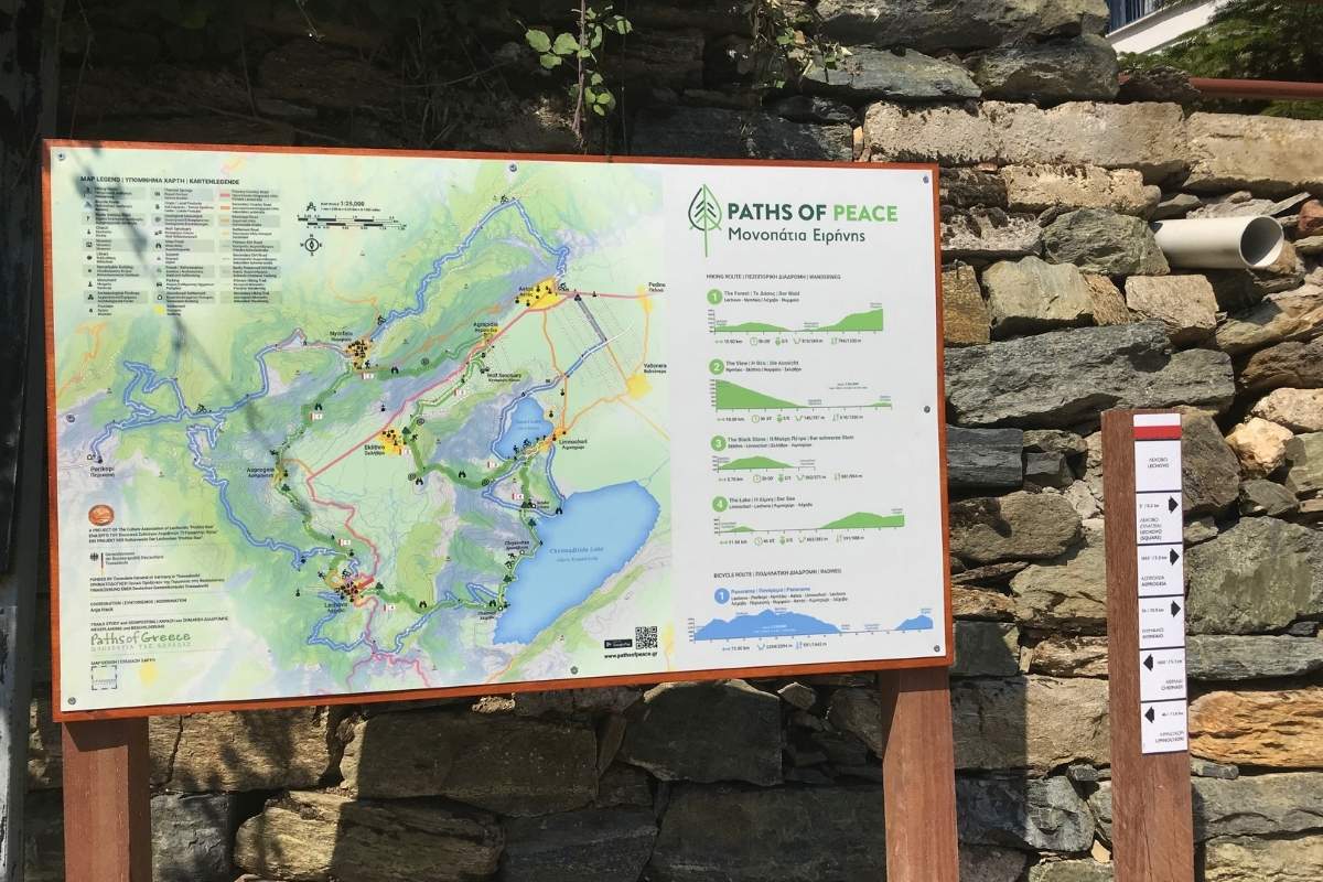 A Paths of Peace trailhead sign in Greece