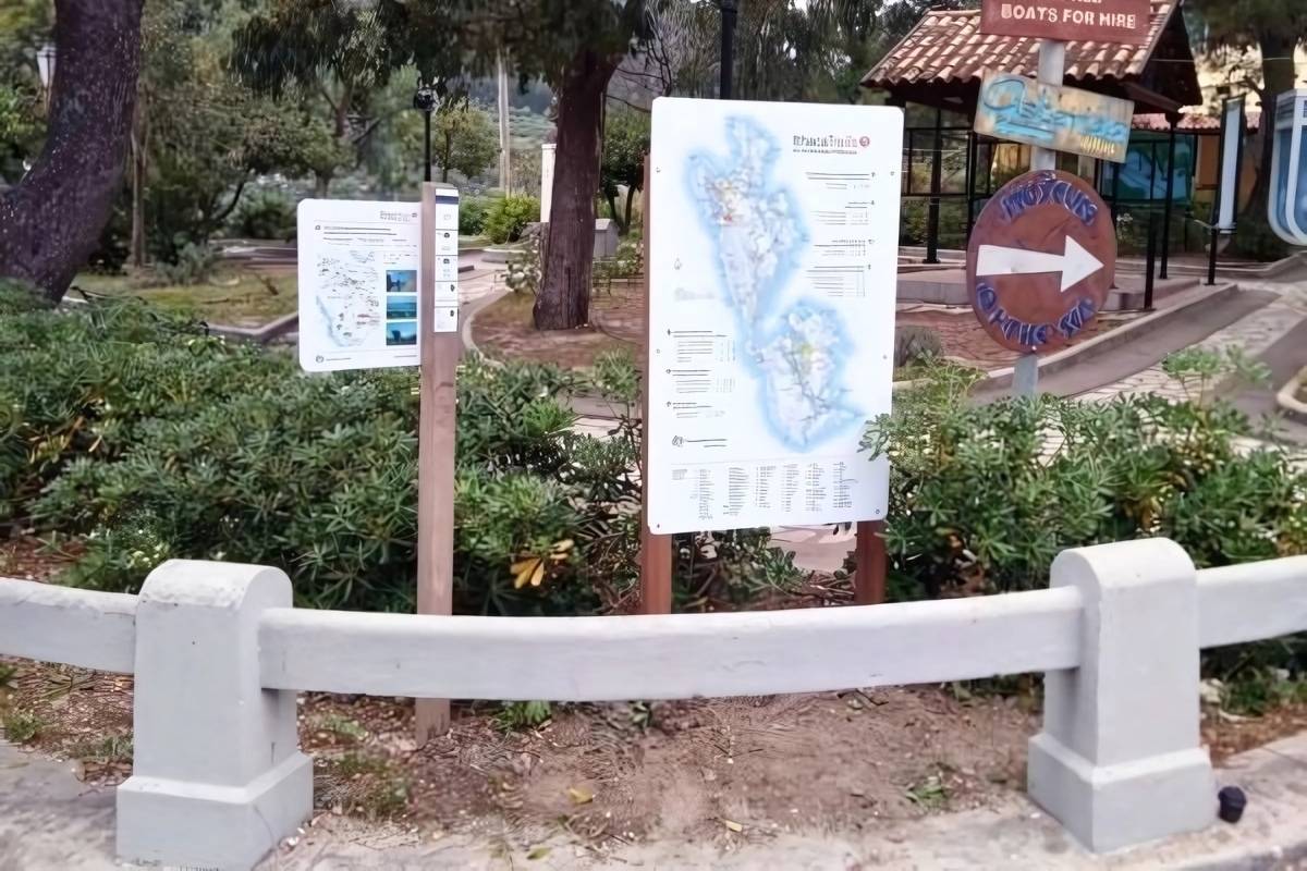 A island hiking map and a trailhead sign on the island of Ithaca