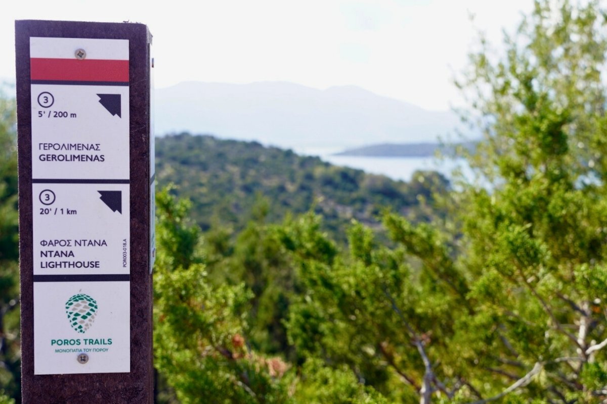 Recycled plastic pole with directional signs in Skiathos