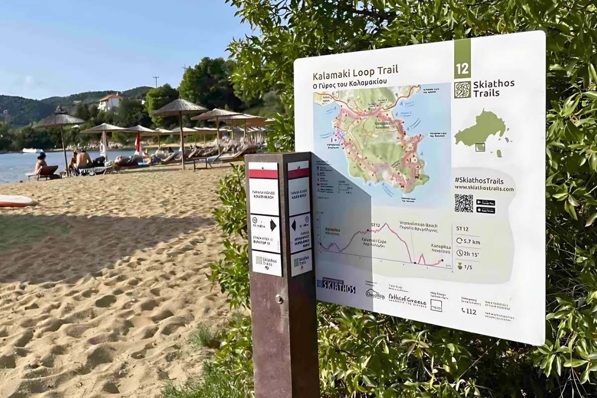 A trailhead sign on a beach on Skiathos island, Greece