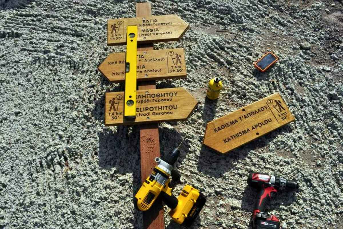 Wooden directional trail signs installation on Patmos